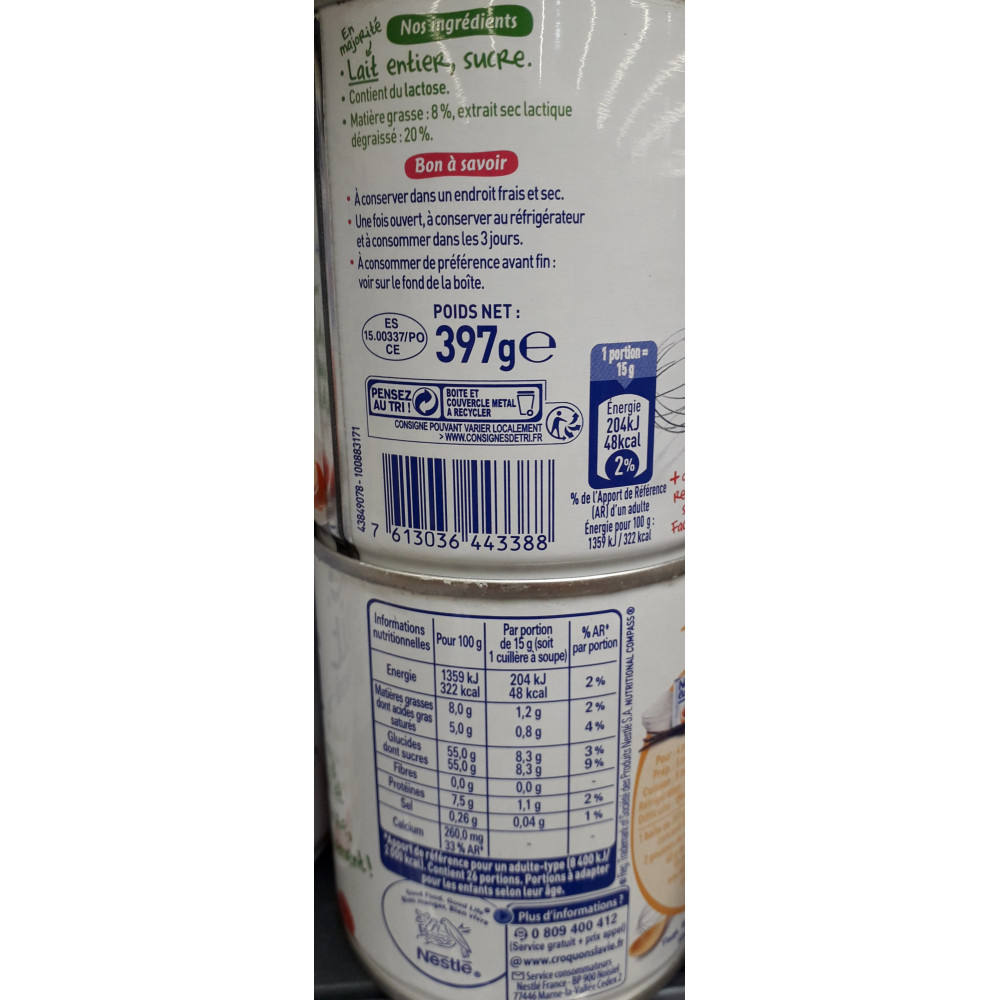 Lait Concentré Sucré à pâtisser lait entier NESTLE boîte 397g