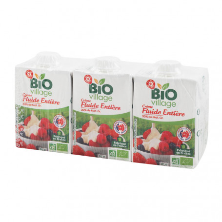 Crème entière  fluide UHT 30%MG - 3X20CL BIO VILLAGE Crème entière  fluide UHT 30%MG - 3X20CL BIO VILLAGE