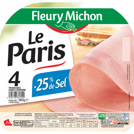 JAMBON PARIS CUIT-25%SEL 4TRANCHES- 160G JAMBON PARIS CUIT-25%SEL 4TRANCHES- 160G