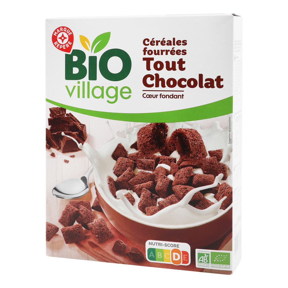 Céréales fourrées tout chocolat, coeur fondant BIO VILLAGE 375g - Drive  Z'eclerc