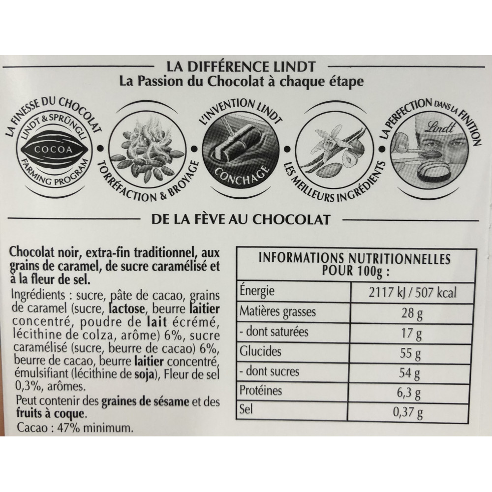 Tablette de Chocolat Excellence Noir Caramel à la pointe de Fleur de Sel  Lindt 100 grs - Drive Z'eclerc