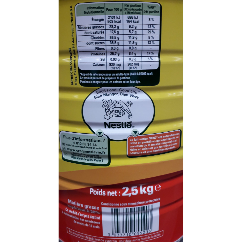 Lait entier en poudre Nido Nestlé 2.5 kg - Drive Z'eclerc