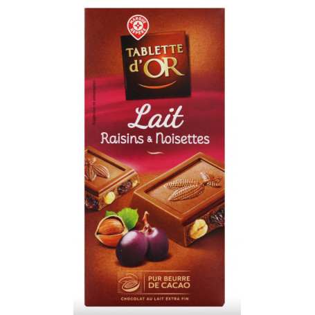 CHOCOLATS AU LAIT RAISINS NOISETTE TABLE OR 200GR