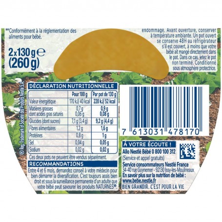 NESTLE NATURNES Petits Pots Bébé Potiron -2x130g -Dès 4/6 mois