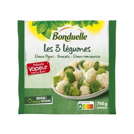 Les 3 légumes Choux-Fleurs Brocolis Choux romanesco précuits vapeur Bonduelle 750g