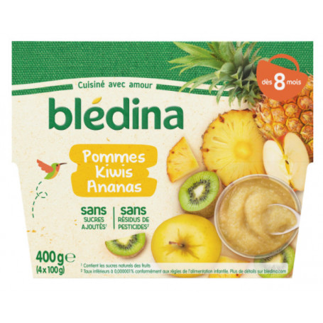 COMPOTES BÉBÉ DÈS 8 MOIS, POMME KIWIS ANANAS - BLEDINA - 4 X 100G