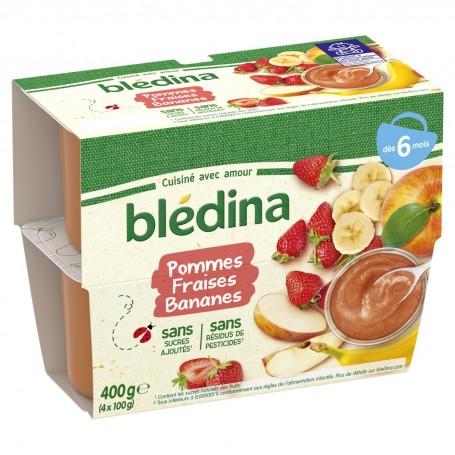 Coupelles de Fruits Pommes Fraises Bananes dès 6 mois - BLEDINA - 4x100g (400g)