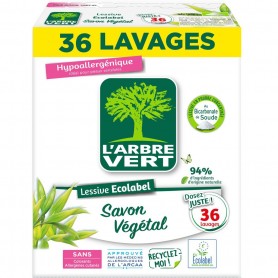 L'Arbre Vert Lessive Ecolabel Poudre Savon Végétal - Hypoallergénique - 36 Lavages - 94% d'ingrédients d'origine naturelle  - 1
