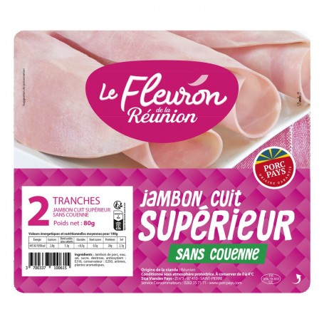 BARQUETTE JAMBON CUIT SUPERIEUR SANS COUENNE X2 80g LE FLEURON DE LA REUNION